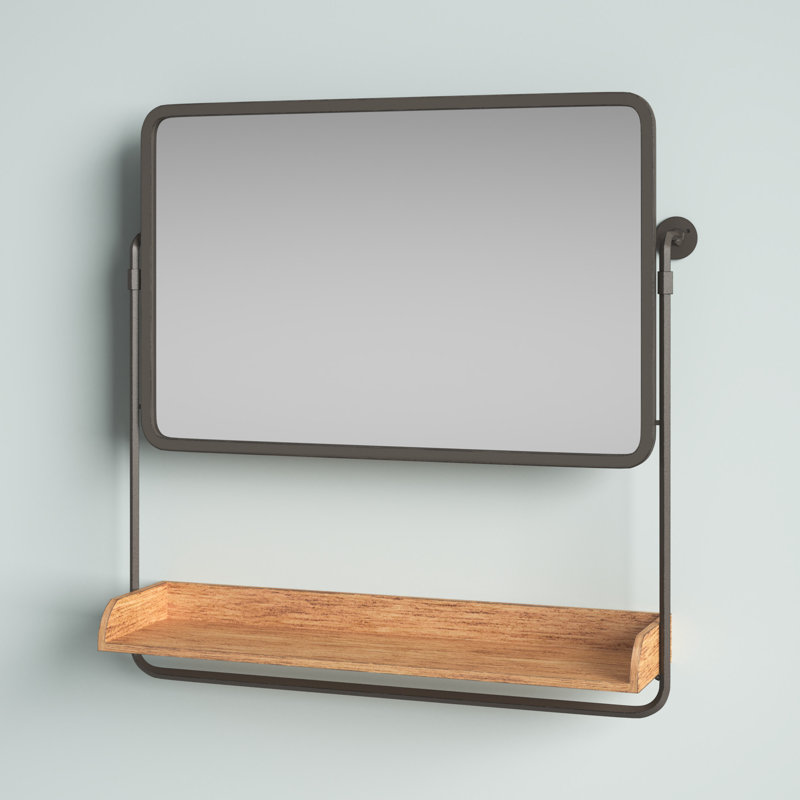 Rustic Brown and Black Rectangular Wall Mirror with Shelf