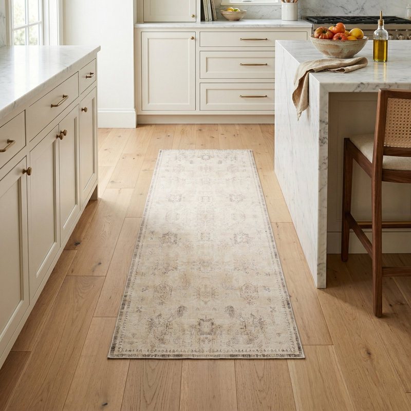Machine Washable Traditional Vintage Beige/Ivory Waterproof Rug, Runner 2' x 5'