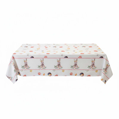 Easter Tablecloth, Polyester, Rectangular 60 X 84 Inch, Waterproof, Washable, Colorful Eggs And Bunny Spring Design For Holiday Or Party Table