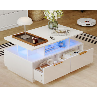 Table basse à DEL, table centrale moderne à 2 niveaux avec lumières changeantes et télécommande réglables, 4 tiroirs de rangement, tablette ouverte