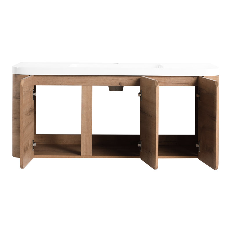 Meuble-lavabo de 48 po avec style, lavabo en résine blanche, 3 portes à fermeture douce, contreplaqué, chêne imitation, utilisation confortable, humidité
