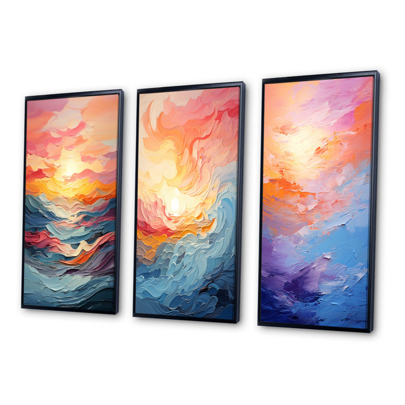 «Bold Pastel Sunset», 3 pièces sur toile, Cadre blanc, H 40 po x l 60 po