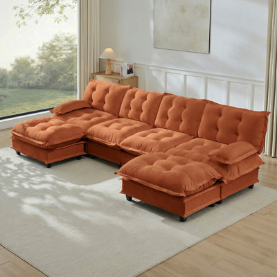 138" U Shaped Modern Sofa Modular Sectional Cloud Couch With  2 Ottomans, 4-Seat Chenille Deep Seat Sofa With Comfy Lattice Decored Seat Cushion, Bedroom And Apartment, Orange