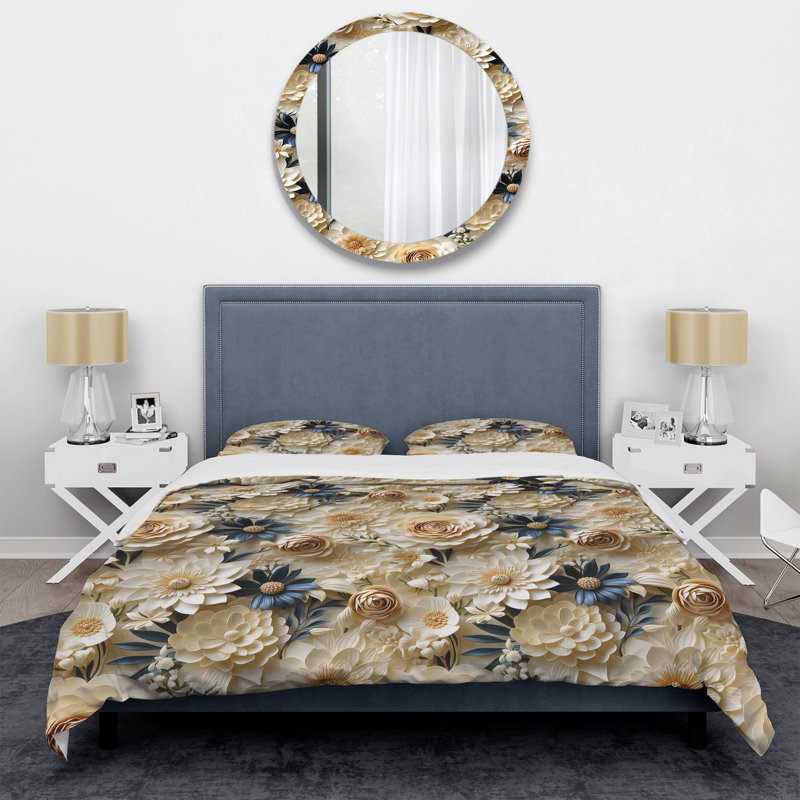 Cream Lace Botanics - Floral Duvet Cover Set, King Duvet Cover + 2 King Shams