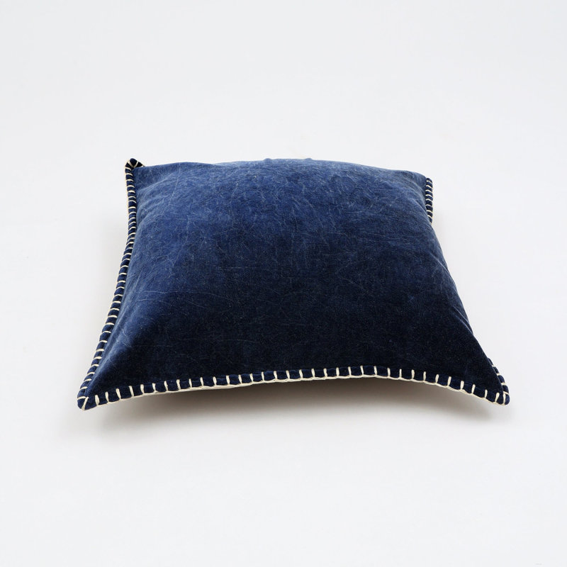 Throw Pillow | Stonewashed Cotton Velvet Throw Pillow with Decorative Handstitched Edges-18X18", Indigo