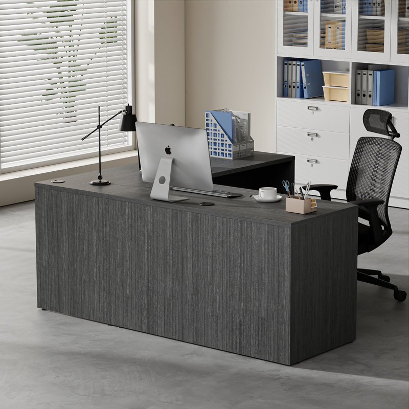 66" L-Shaped Executive Desk With Lockable File Cabinet, Gray