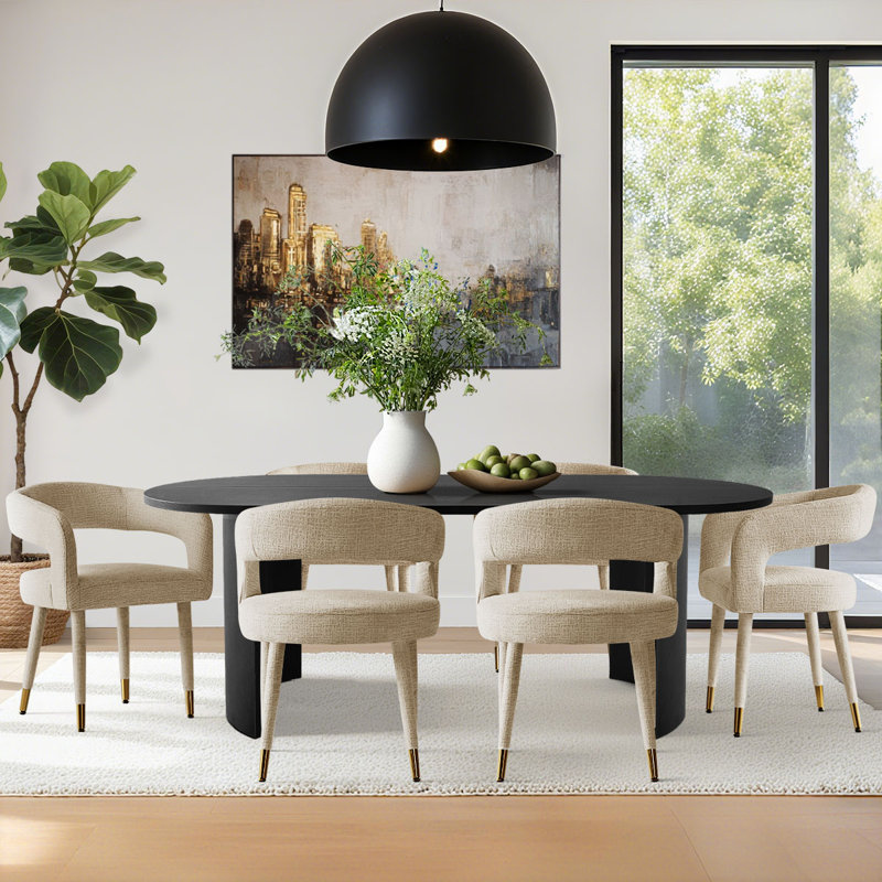 7-Piece Modern Dining Set with 79" Oval Table and Upholstered Chairs, Ivory
