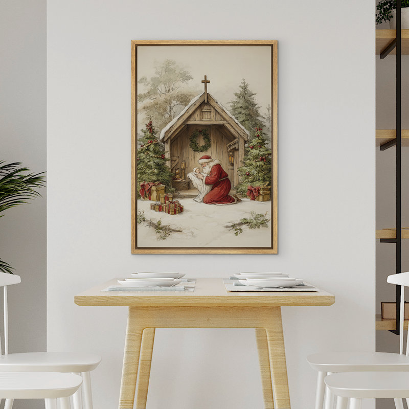 Crèche de Noël rustique Père Noël agenouillé avec bébé Jésus, chapelle de Noël, reproduction d'art sur toile encadrée