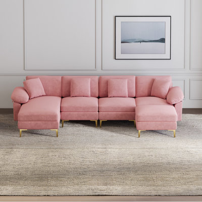 114" U Shaped Snow Fleece Sectional Sofa With Gold Hardware Legs