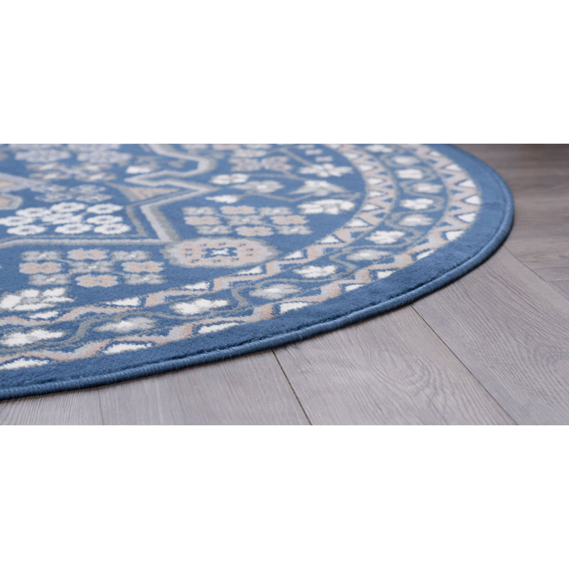 Oriental Navy/Dark Blue Indoor Area Rug for Living Room, Dining Room, Bedroom, Round 5'3"
