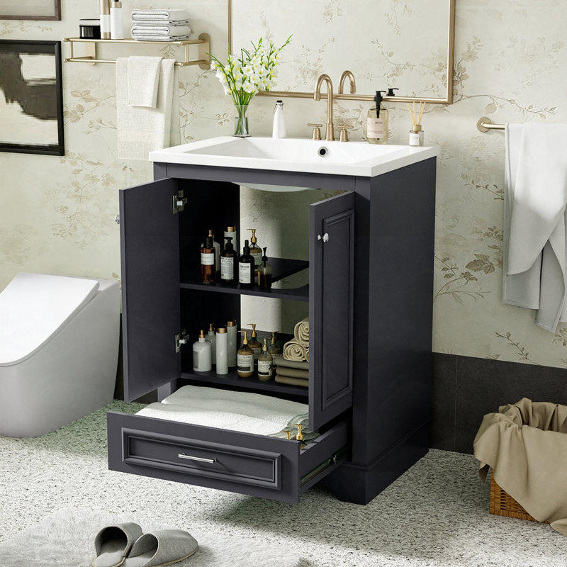Armoire de rangement moderne de 24 po avec poignées argentées et portes à fermeture douce 24 po, Bleu gris
