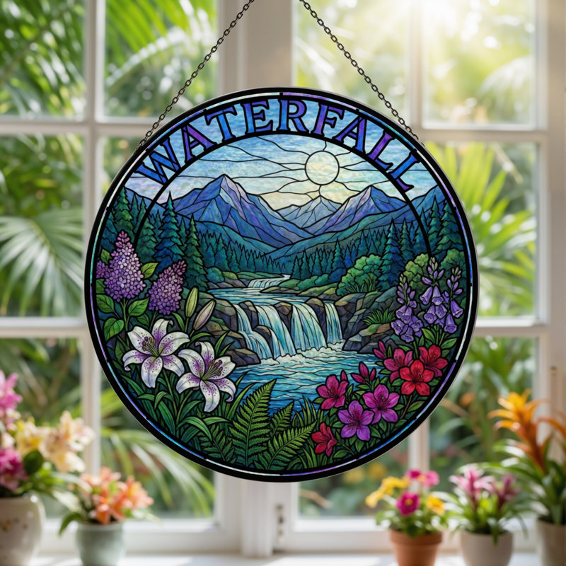 7.8"H Waterfall Landscape Stained Glass Window Panel, 7.8" H x 7.8" W