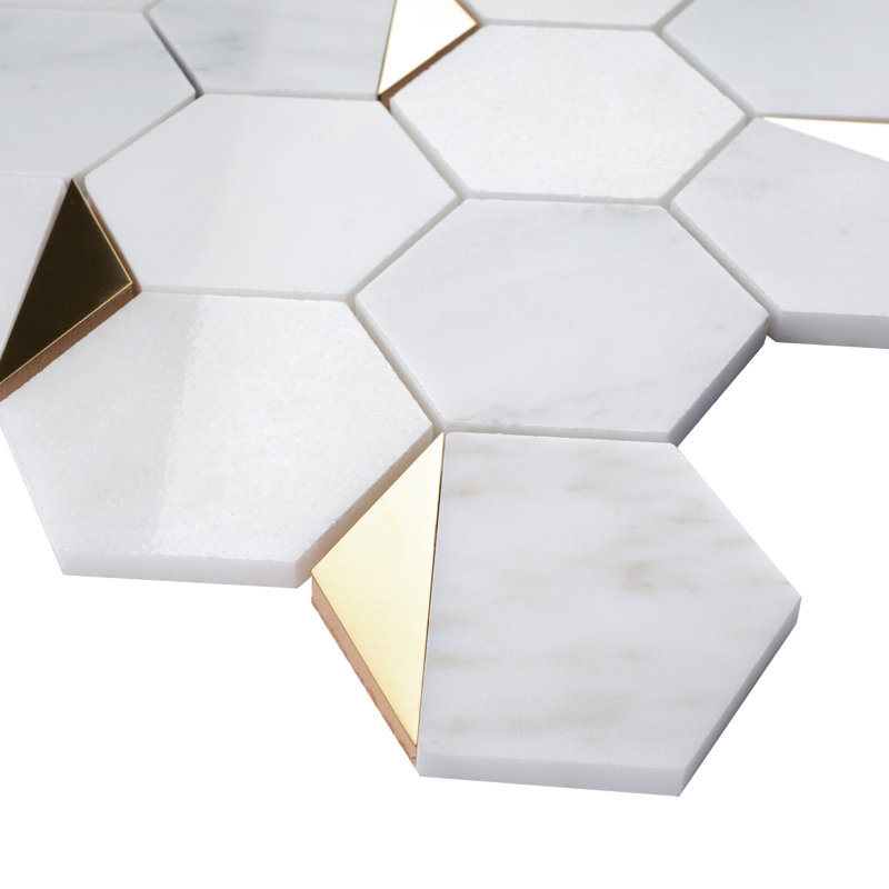 Natural 10.2 in. x 11.78 in. Hexagon Polished Marble Mosaic Tile, White/Gold