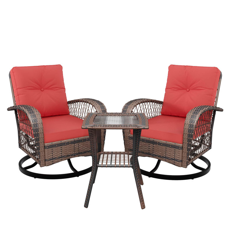 3-Piece Outdoor Patio Conversation Set with 360° Swivel Rocker Chairs and Glass Top Table, Navy Blue Cushioned Bistro Set