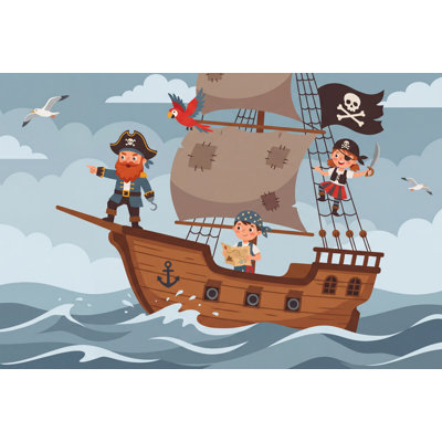 Pirate Ship Wallpaper Ocean Waves Cartoon Illustration Wall Mural