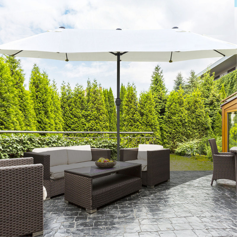 Parasol de patio rectangulaire en acier pour l'extérieur double face avec base, protection solaire et manivelle pour terrasse de piscine