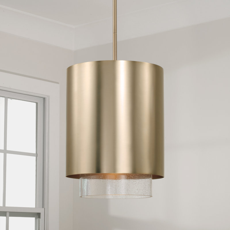 11.50"W x 19.50"H 1-Light Cylindrical Metal Pendant with Seeded Glass, Matte Brass