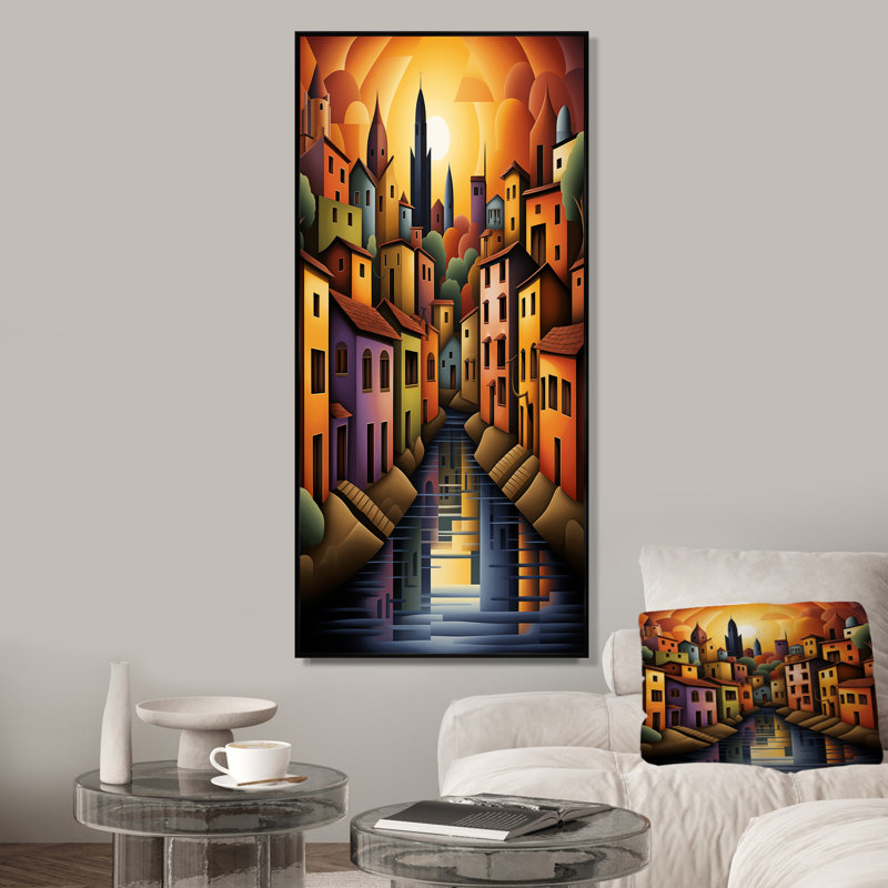 Popart, Italie, paysage, bateau côtier, art mural, Cadre flottant noir, 32" H x 24" W