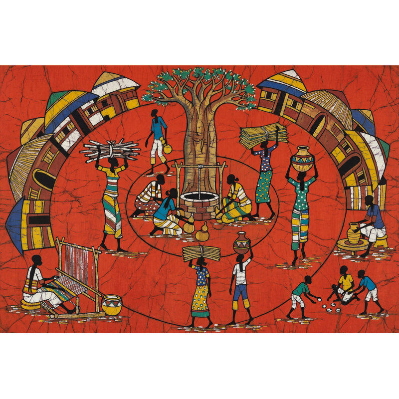 Papier peint village africain avec art populaire, 200 po x 120 po, Peler et coller