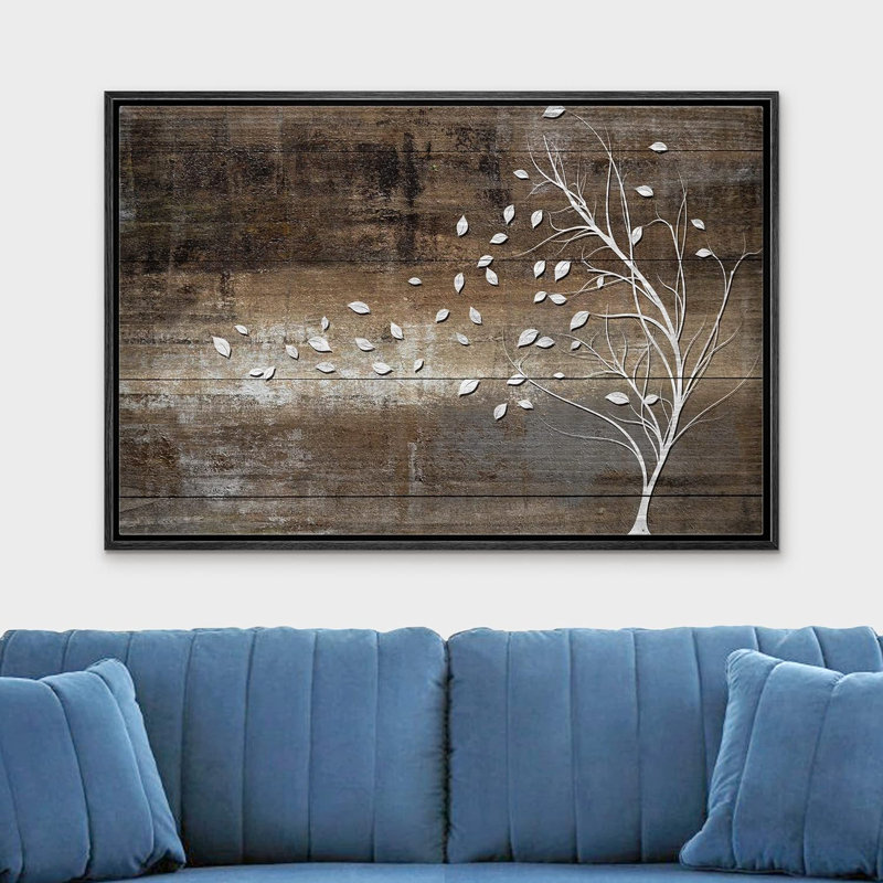 «Leaves Blown Away By Wind From Tree Wood Effect Rustic Large», reproduction d'art sur toile encadrée, Noir