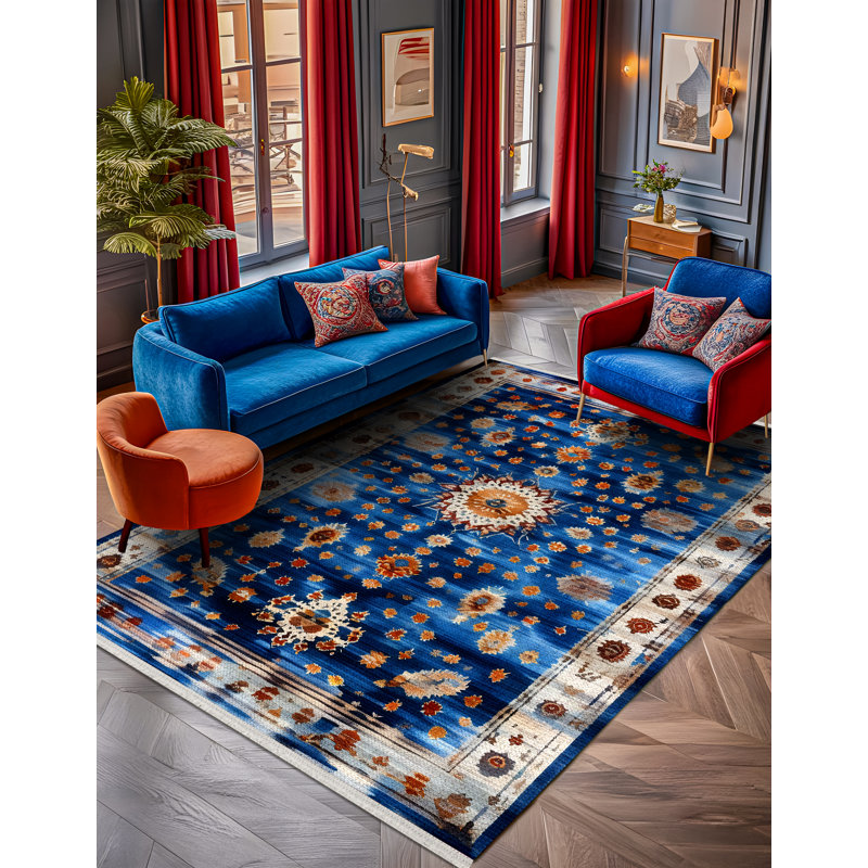 Nouvelle Collection Digital Print Cotton-Polyester Navy Blue Moroccan Rug, Runner 2'8" x 6'7"