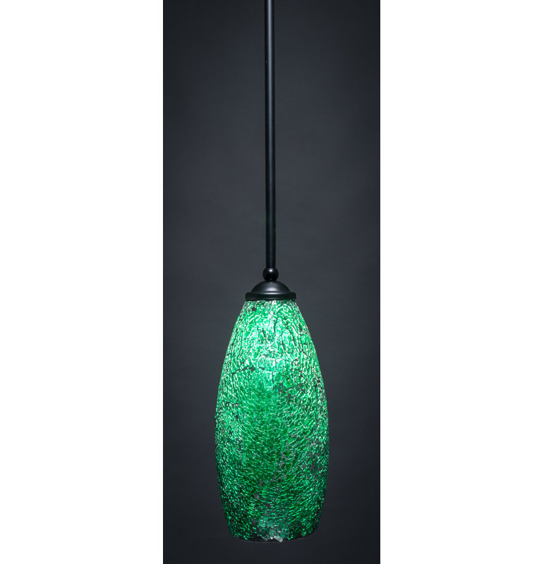 Zilo Stem Hung Mini Pendant Shown With Fusion Glass, Matte Black, 12.75" H x 5.5" W, Turquoise
