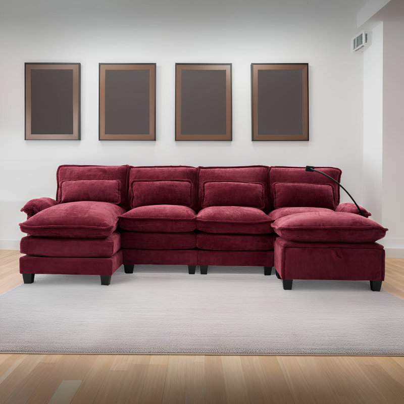106" U Shaped Sectional Sofa Set with Storage Ottoman & USB Ports, Modular Cloud Couch with Chaise Lounge & Pillows, Red