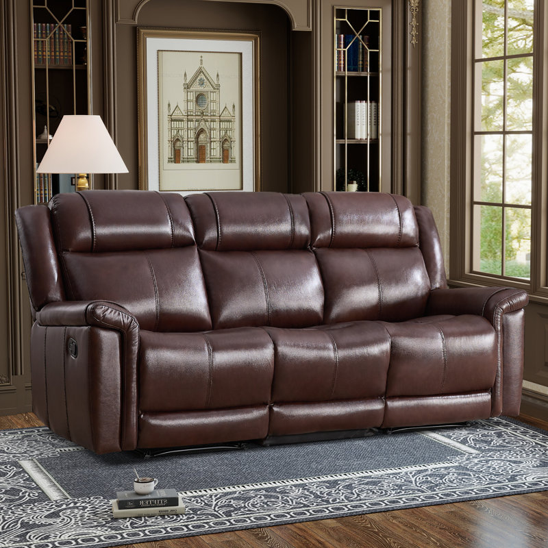 Canapé inclinable manuel rembourré en cuir véritable de 85 po de largeur avec coussin supérieur