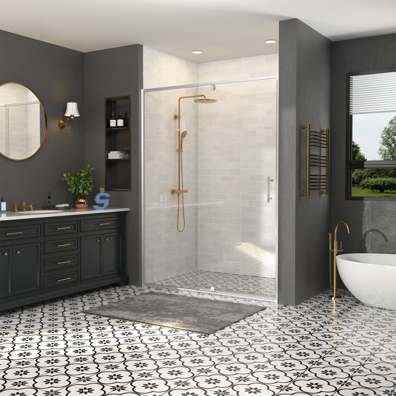 44-48＂W X 71＂H Semi-Frameless Pivot Swing Shower Door with 1/4＂Tempered Glass, Brushed Nickel