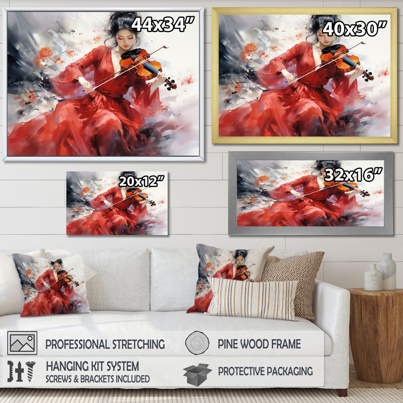 Violon, élégance japonaise sur toile, Cadre simple noir, H 34 po x l 44 po x P 1,5 po