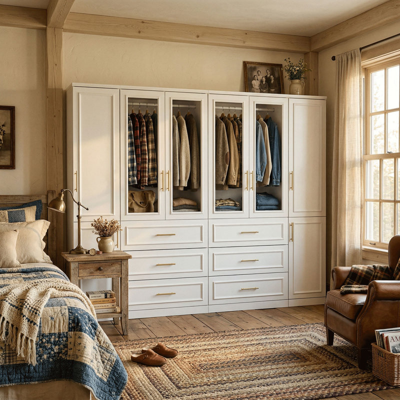Baukus 94.8" W 6-Drawer Wardrobe with Glass Doors