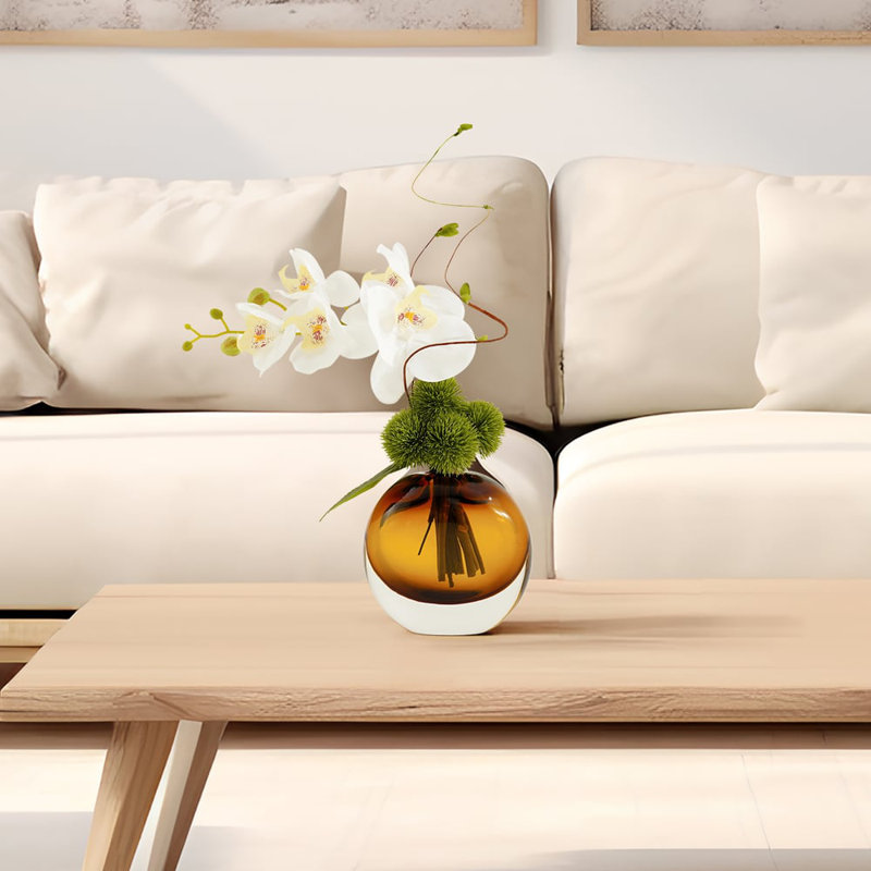 White Artificial Flower Arrangement in Vase Dining Table Centerpiece Fake Flower Decor, 6.7" H x 11" W x 12.2" D, Amber