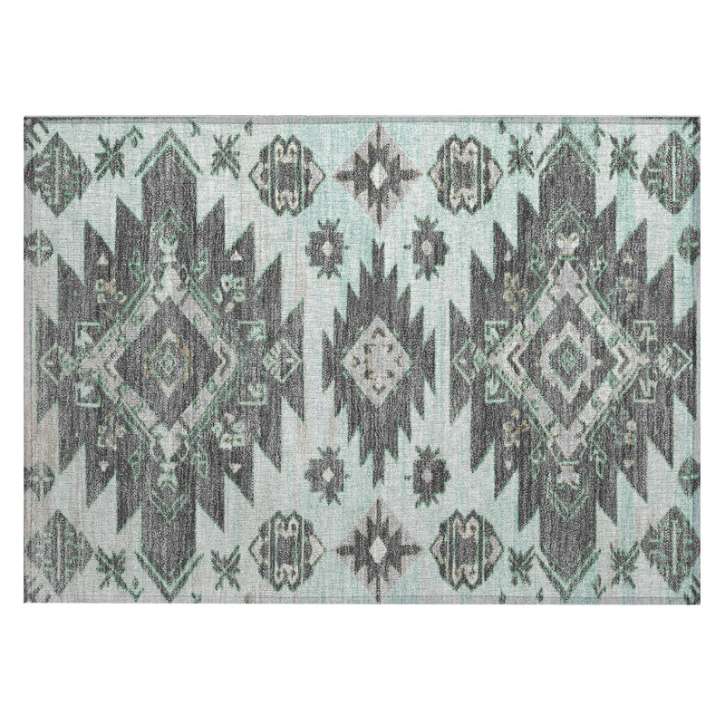 Machine Washable Indoor/Outdoor Xhevrie Mint Rug, Rectangle 1'8" x 2'6"
