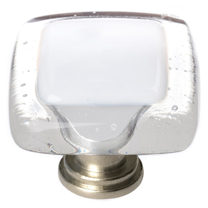 Poignée carrée blanche en verre 1 1 ", Nickel satiné, Blanc