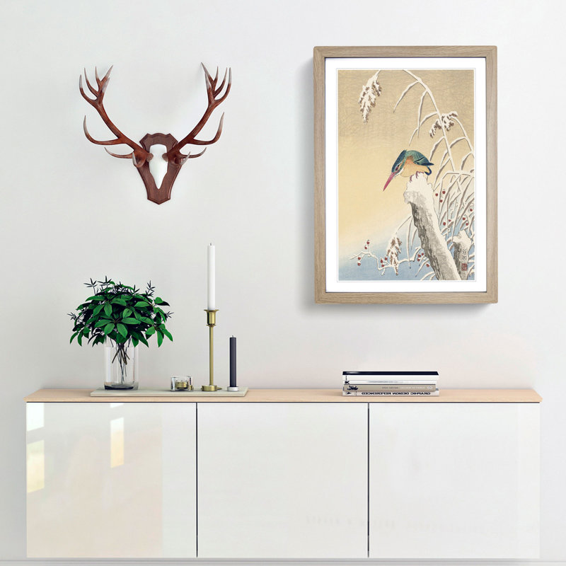 Kingfisher in the Snow by Ohara Koson - Picture Frame Art Print, 48cm H x 36cm W x 2cm D, Oak Framed