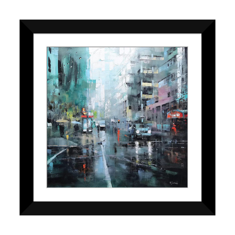 « montréal turquoise pluie », impression sur toile, Blanc, Papier d'art encadré noir, H 24 po x l 24 po x P 1 po