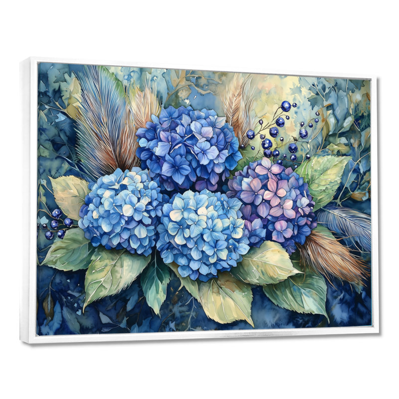 Jangrielle hortensias et plumes décor de ferme - art mural d'hortensias pour le salon, H 16 po x l 32 po, Cadre flottant
