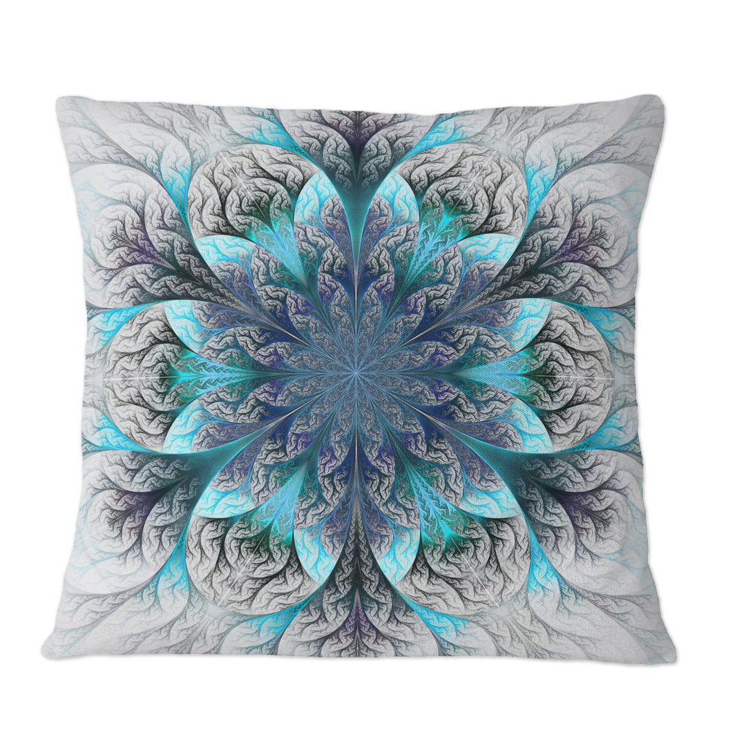 Turquoise And Gray Fractal Flowers - Modern Printed Throw Pillow Design Art 