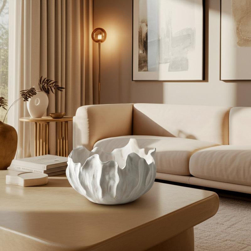  Bol décoratif en grès porcelaine sculpté de forme organique pour le bureau à domicile, la chambre à coucher, le salon, le style moderne, le décor glamour, l'accessoire de centre de table, l'ivoire et le brun clair de 9 po