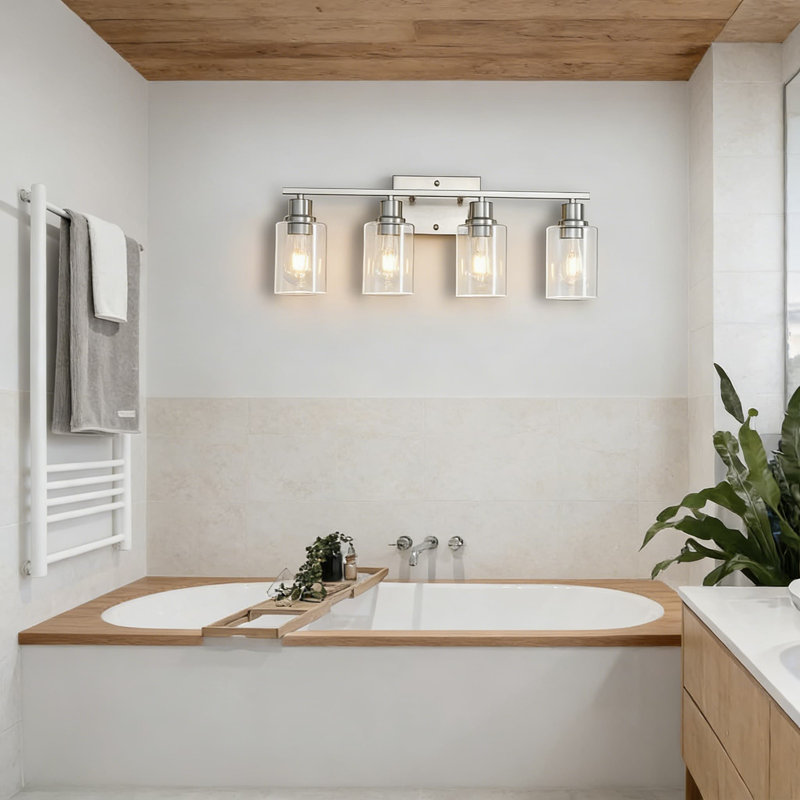 Modern Vanity Light Fixture, 4-Light Brushed Nickel Wall Sconce With Clear Glass Shades For Bathroom Mirror, Farmhouse Lighting For Living Room, Bedroom, And Hallway