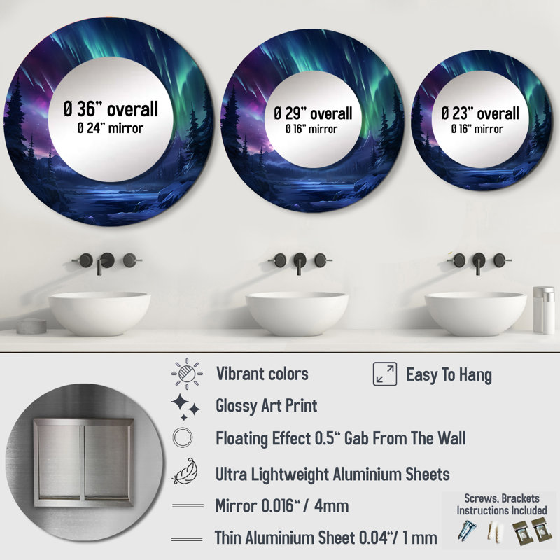 Vibrant Northern Lights - Aurora Borealis Large Mirror, Blue Round Decorative Wall Mirror, Printed Metal Art, 36" x 36"