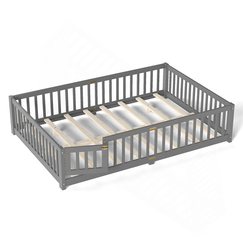 Lit grand format avec garde-corps et porte pour enfants, gris, Grand lit, Gris