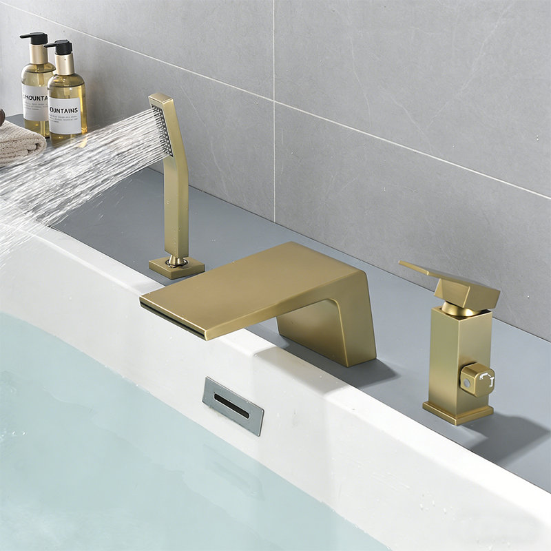 Roman Deck Mount Waterfall Tub Faucet With Handheld Shower, Single Handle, 2-Mode Water Outlet, Brushed Gold