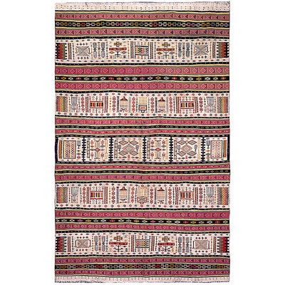 Tapis ivoire / rose / noir en laine noué à la main style rétro du 20e siècle 6 pi 2 po x 9 pi 10 po Vintage