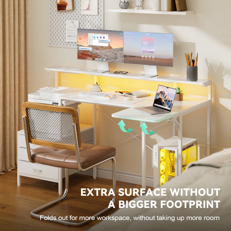 L Shaped Computer Desk with LED Lights, Power Outlets & USB Charging Ports, Foldable Extension Panel, Home Office Desk with Storage Drawers & Open Shelves, White