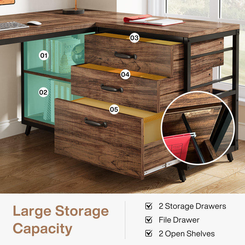 53" L Shaped Home Office Desk, Reversible Corner Computer Desk With 3 File Drawers And 2 Storage Shelves, Brown/Black