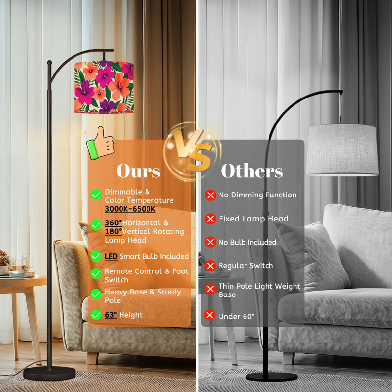 Arc Floor Lamp with Adjustable Lampshade Abstract flowers patterns floral fabric Standing Lamp 3 Color Temperatures Dimmable Tall Pole Lamp with Foot Switch for Bedroom