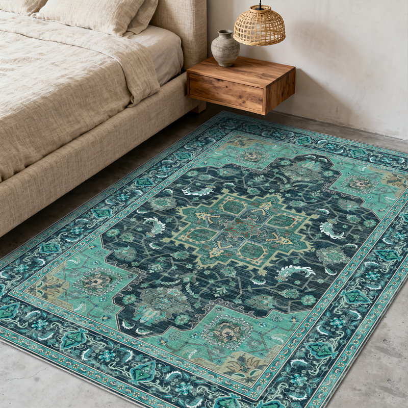 Vintage Boho Area Rug, Green Rugs for Living Room, Soft Low Pile Indoor Outdoor Rugs, Washable Non Slip Faux Wool Throw Rug, Large Carpet for Bedroom Dining Room Table Home Decor Use, Ideal For High Traffic Areas