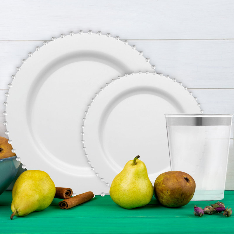 Service de table rond jetable en plastique blanc avec cordon de perles argentées - 60 couverts