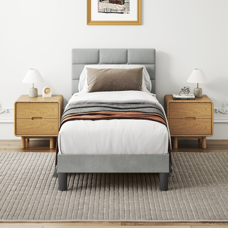 Velvet Upholstered Platform Bed with Headboard, Single (3')